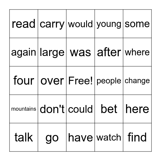 Sight Words Bingo Card