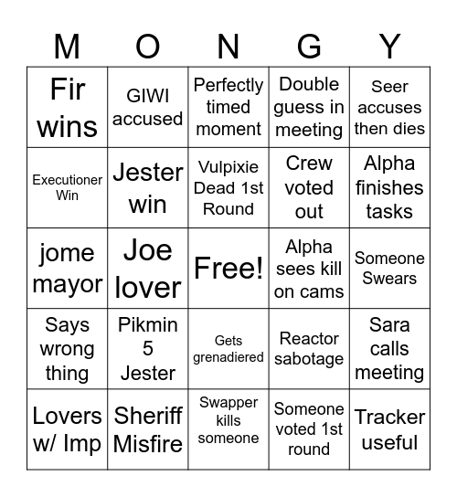 MONGY MONDAY Bingo Card