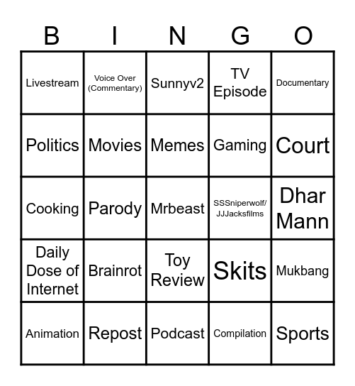 YouTube Long Form Content Bingo Card