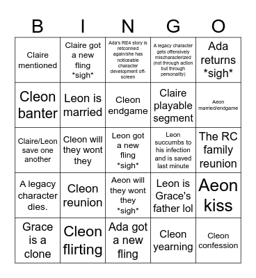 Ship/Gen RE9 bingo card. Bingo Card