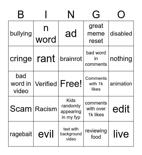 Tiktok Bingo Card