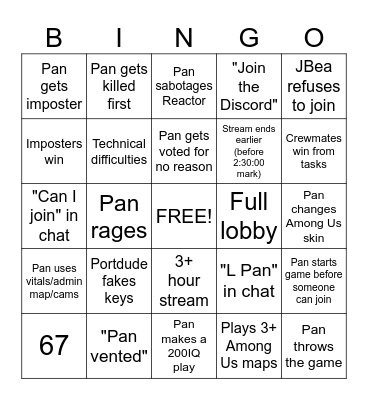 PanquakeLOL Among Us Stream Bingo Card