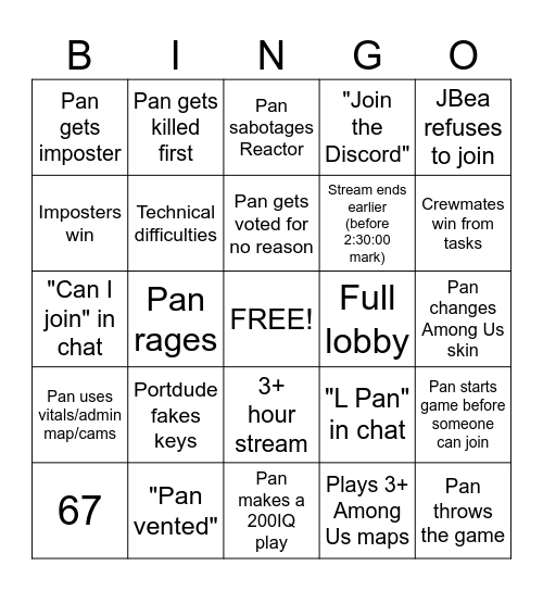 PanquakeLOL Among Us Stream Bingo Card