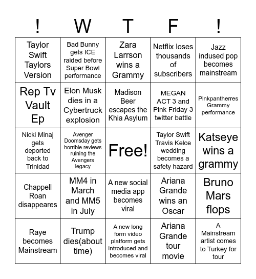 Pop Culture in 2026 T Bingo Card