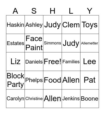 ASHLEY Bingo Card