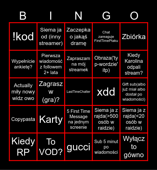 First Time Message Bingo Card