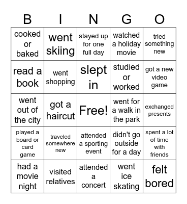 Winter Break Bingo Card