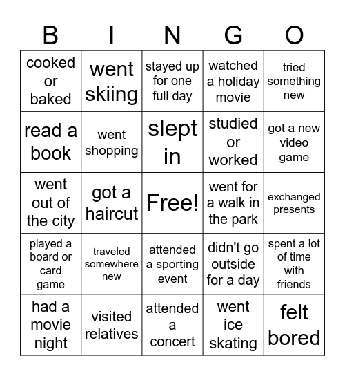 Winter Break Bingo Card