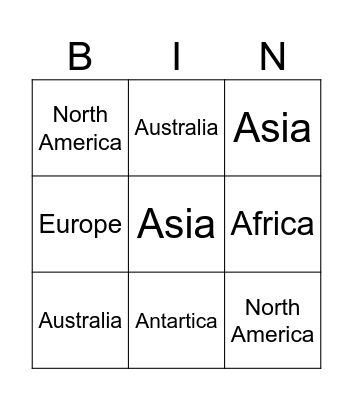 Continent Bingo Card