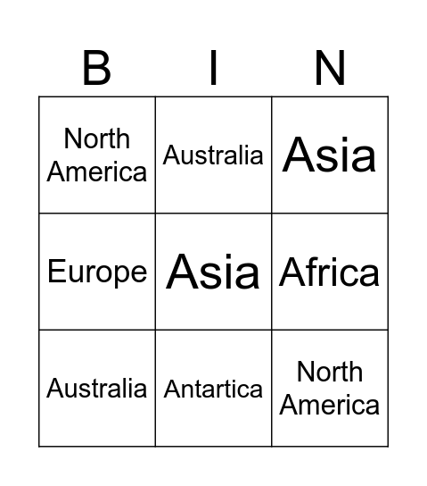 Continent Bingo Card