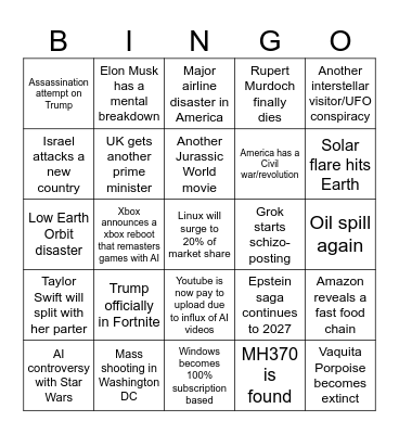2026 Predictions Bingo Card