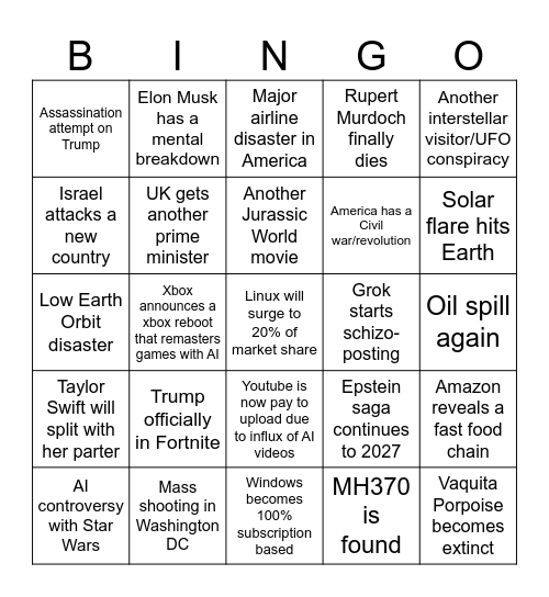 2026 Predictions Bingo Card