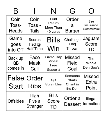 Bills VS Jaguars Bingo Card