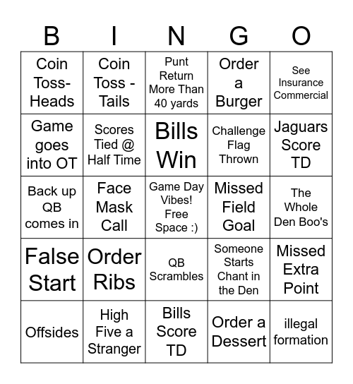 Bills VS Jaguars Bingo Card
