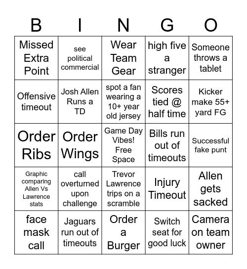Bills VS Jaguars Bingo Card