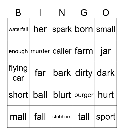 ar or ir er ur all Bingo Card