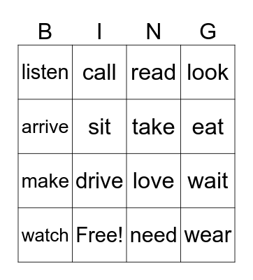 Verbs Bingo Card