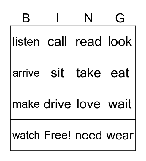 Verbs Bingo Card