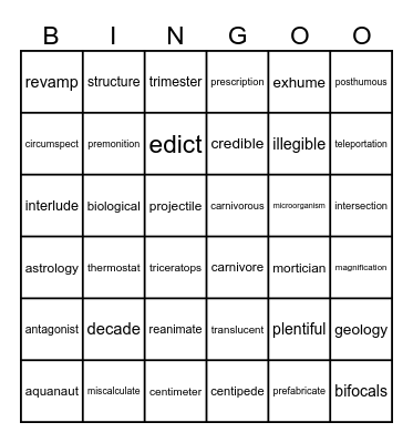 Affixes and Roots Bingo Card