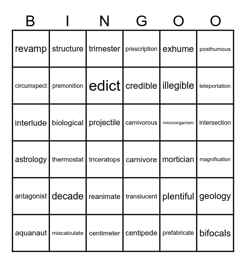 Affixes and Roots Bingo Card
