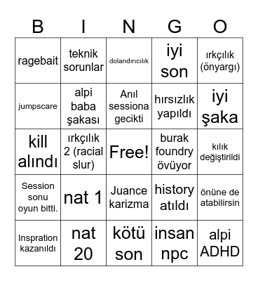 Burak One Shot Bingo Card