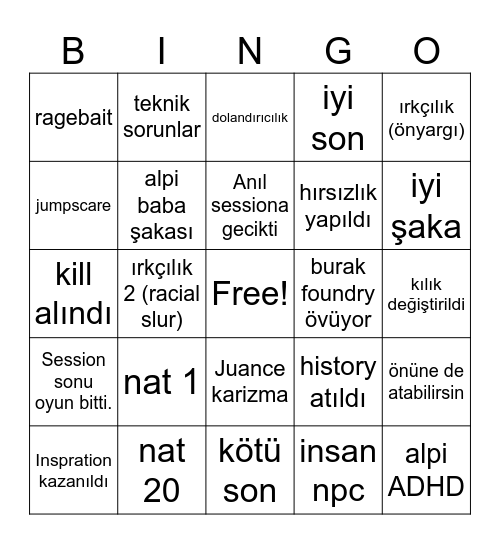 Burak One Shot Bingo Card