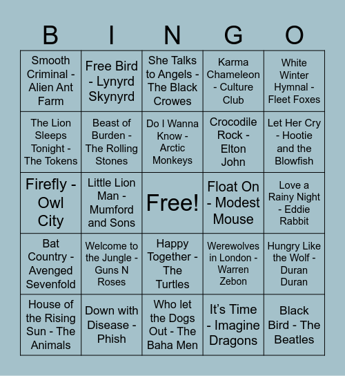 Baby Higgins' Animal Music Bingo Card