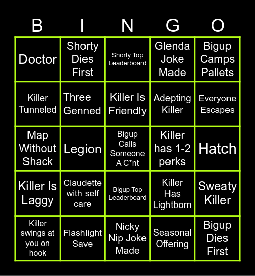 Top Shagger Bingo Card