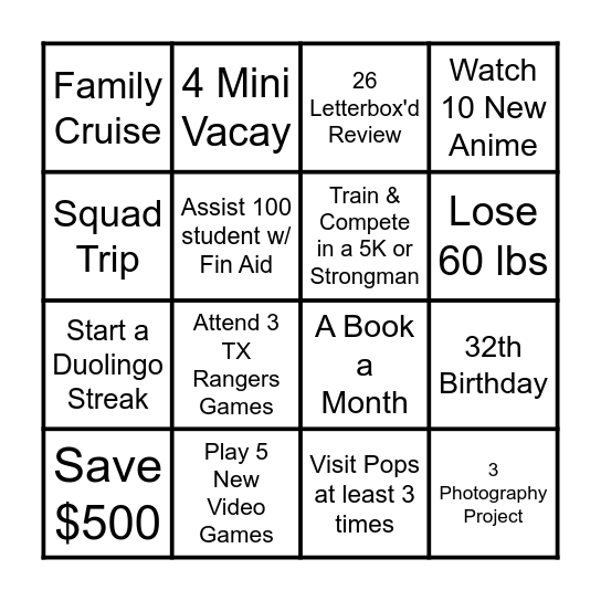Bingo Resolution Bingo Card