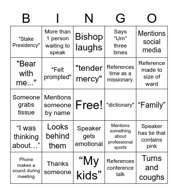 Ward Conference Bingo Card