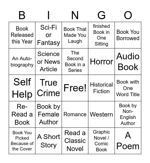 Reading Bingo Card