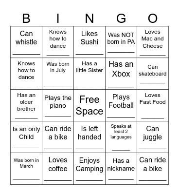 YOUTH HUMAN BINGO Card