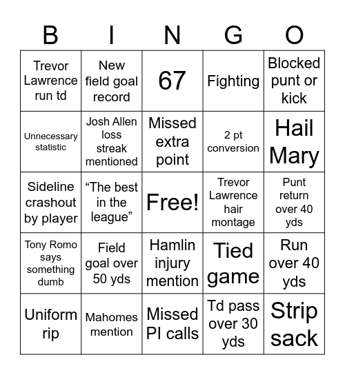 Bills v Jags Bingo Card