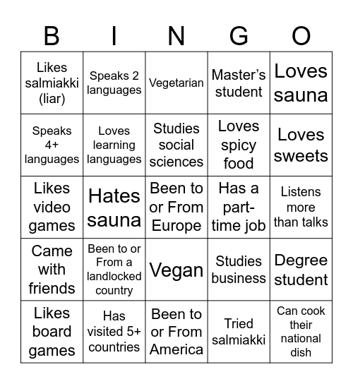 WELCOME TO FINLAND Bingo Card