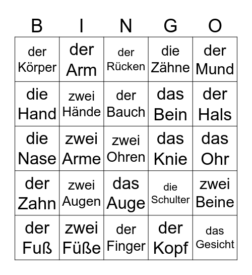 Körperteile Bingo Card