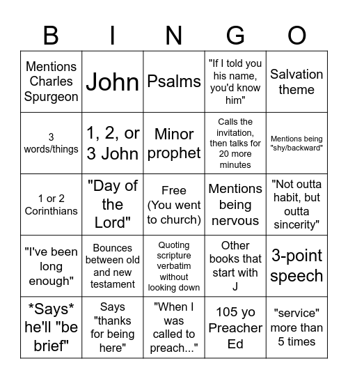 Sermon bingo card Bingo Card