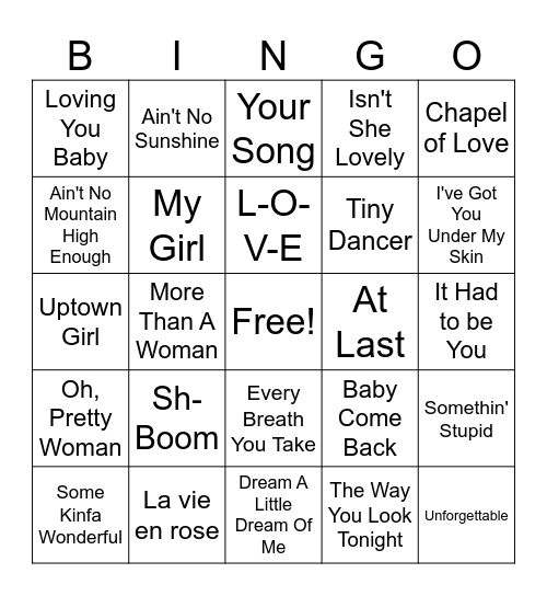 Songs About Love: Oldies Bingo Card