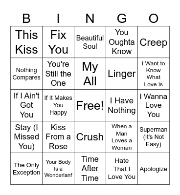 Songs About Love: 90s-00s Bingo Card
