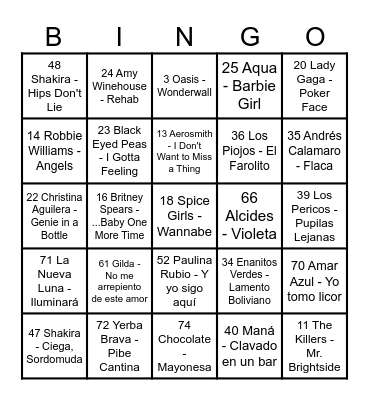 Lista 1 Bingo Musical Bingo Card