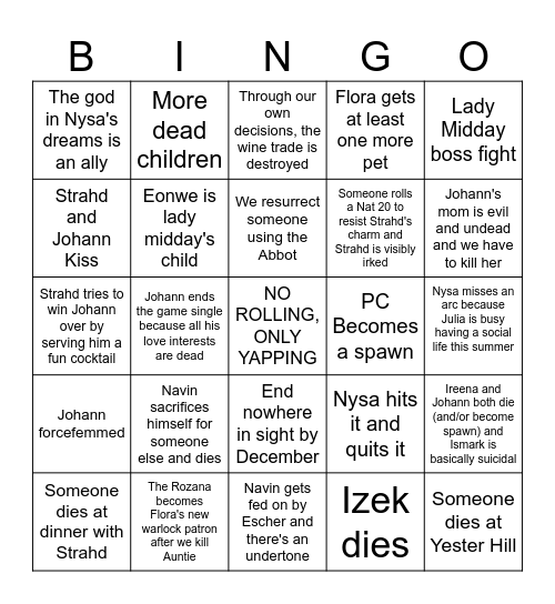Curse of Strahd 2026 Bingo Card