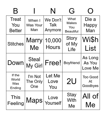 Songs About Love: 2010s+ Bingo Card