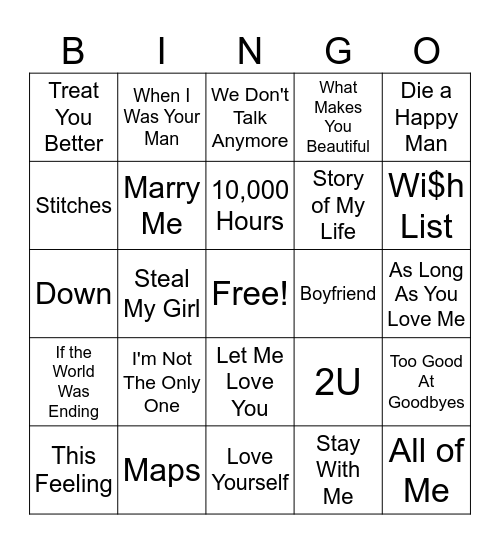 Songs About Love: 2010s+ Bingo Card
