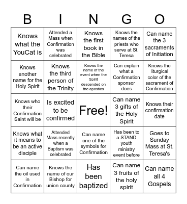Confirmation Bingo Card