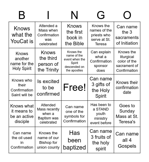 Confirmation Bingo Card