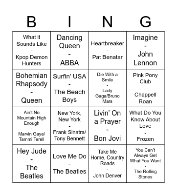 Music Bingo Card