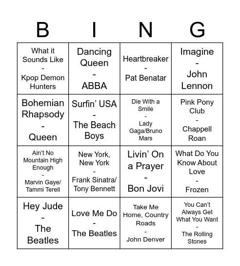 Music Bingo Card