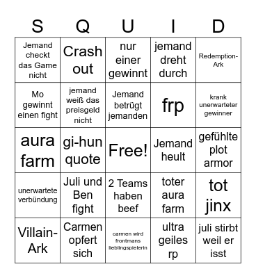 Squiddiot Game 2  A-Plot Bingo Card