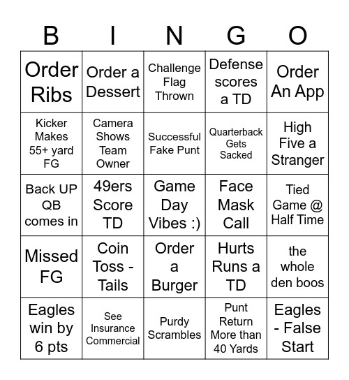 49ers VS Eagles Bingo Card