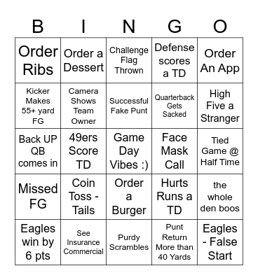 49ers VS Eagles Bingo Card