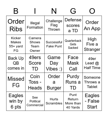 49ers VS Eagles Bingo Card